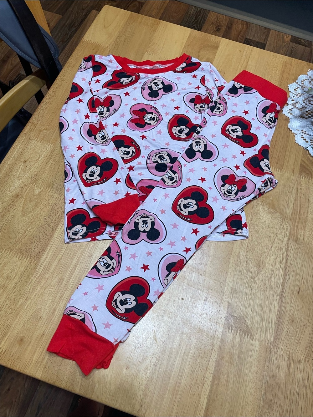 Kids Pink Minnie Mouse Hearts Pajama Set with Red Trim